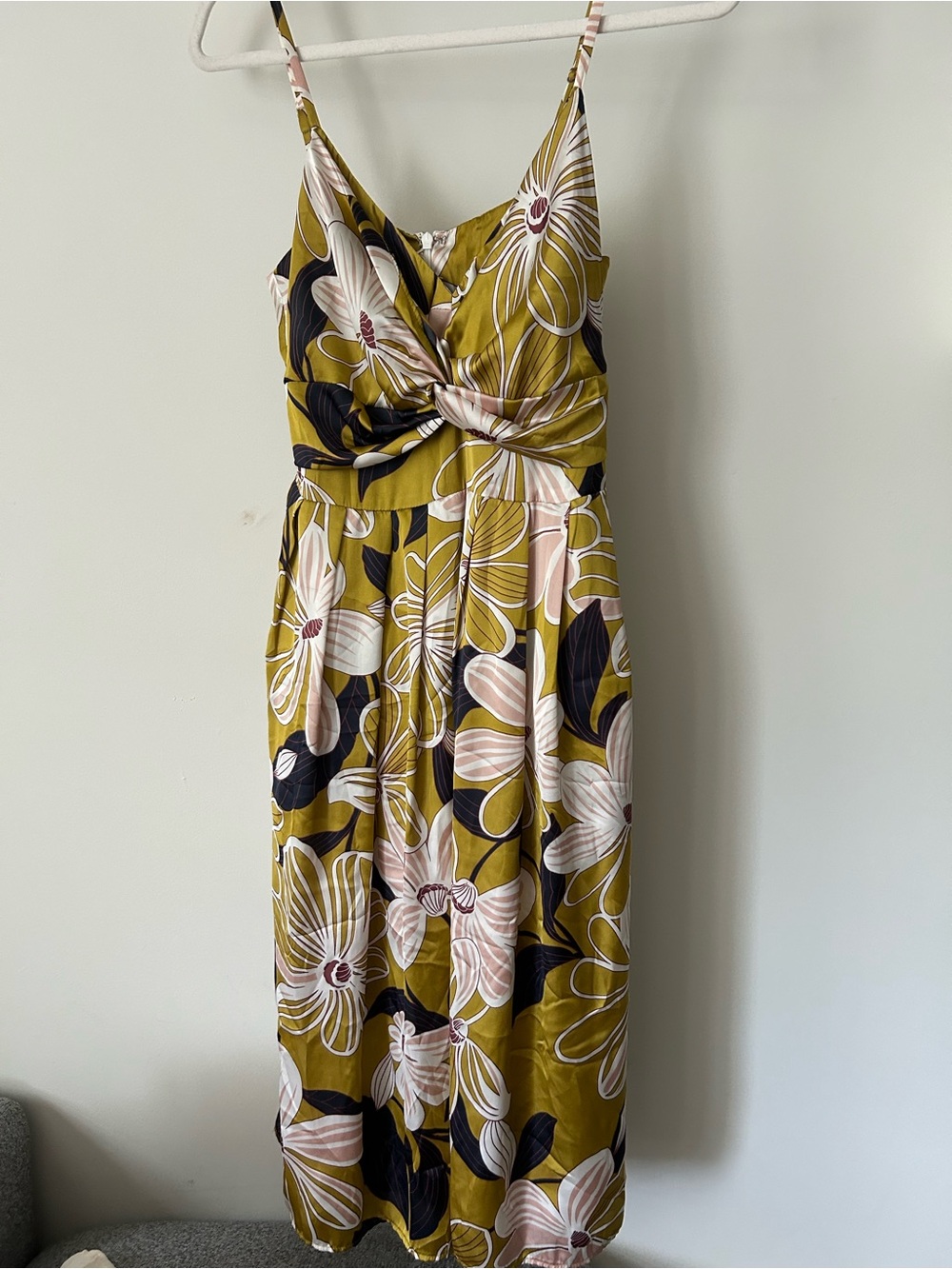 Hutch Olive Floral Twist-Front Midi Dress with Pink & Black Blooms